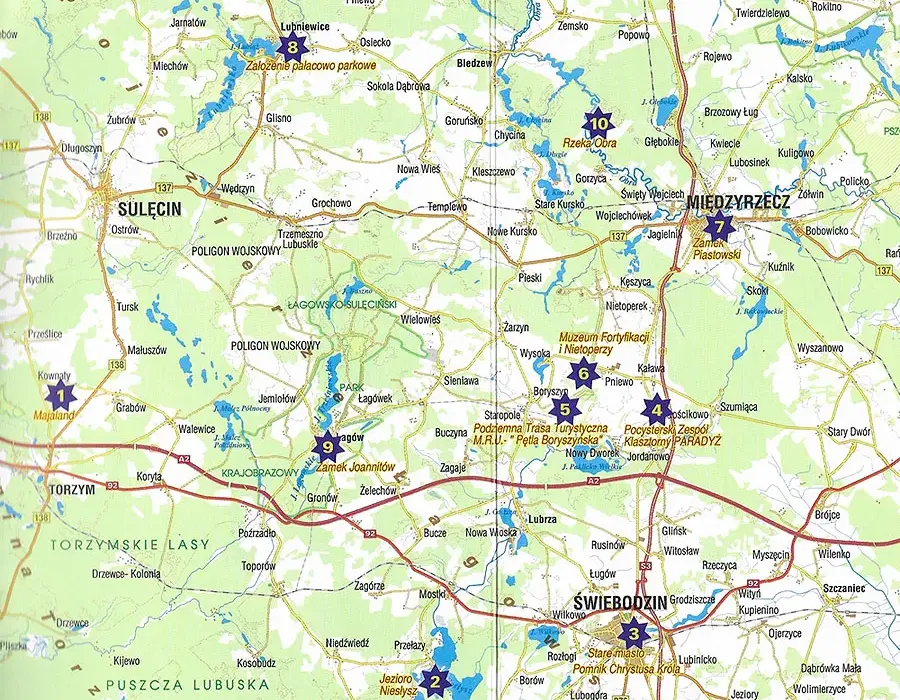 Pojezierze Lubuskie: Szczegółowa mapa regionu z atrakcjami